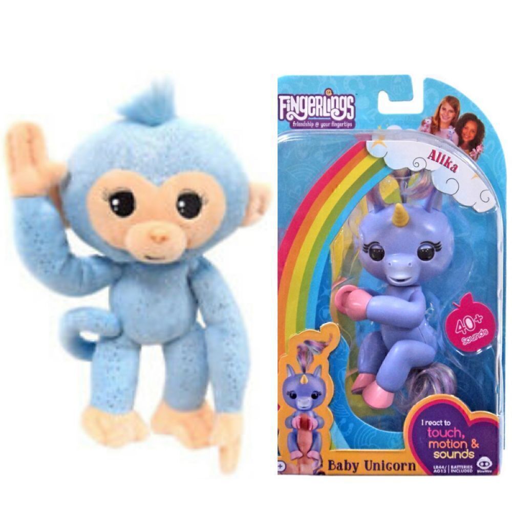 Fingerlings Bundle - Alika Baby Unicorn + Blue Glitter 10.5 Plush Monkey NEW